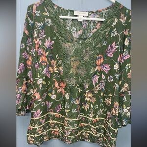 Floral Green Blouse with Lace Detail